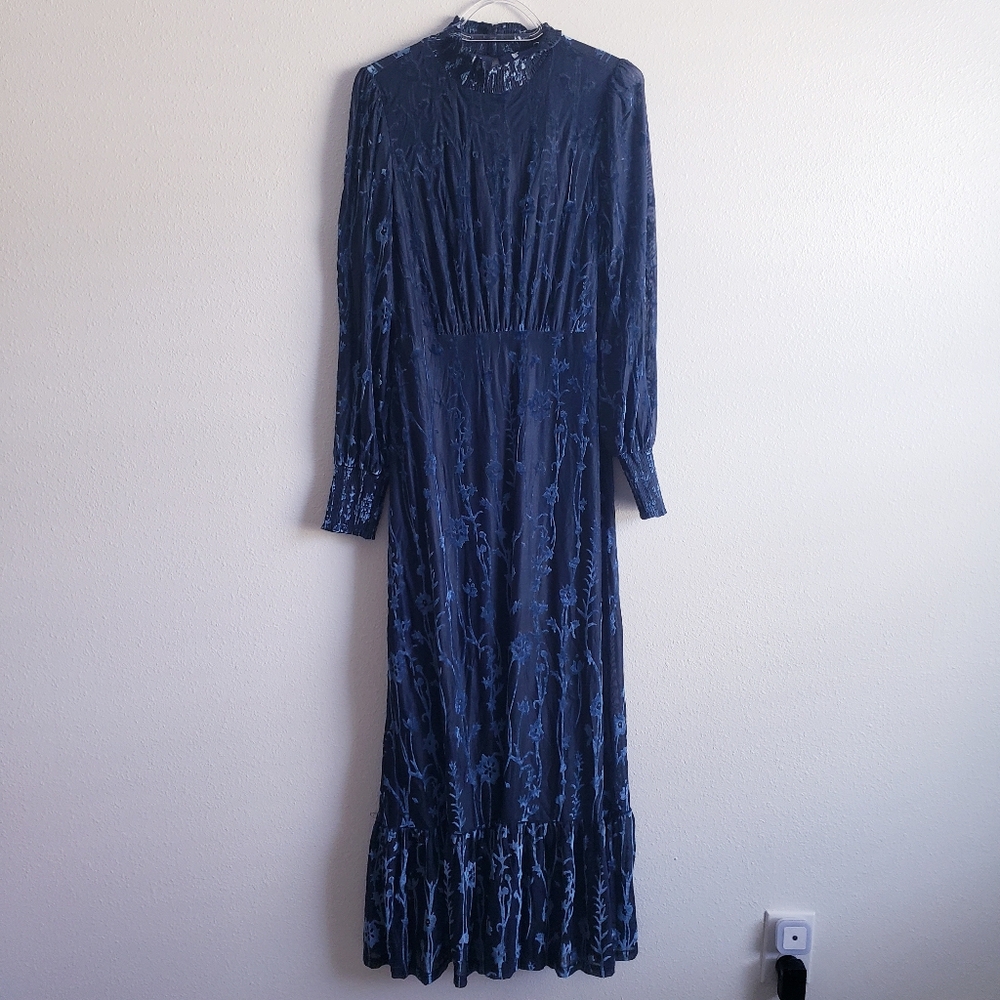 Baltic Born Penelope Midnight Blue Velvet Floral Long Sleeve Dress Maxi - Picture 2 of 10